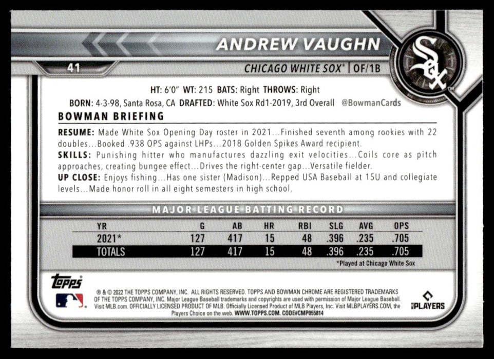 Andrew Vaughn 2022 Bowman Chrome Base Back of Card