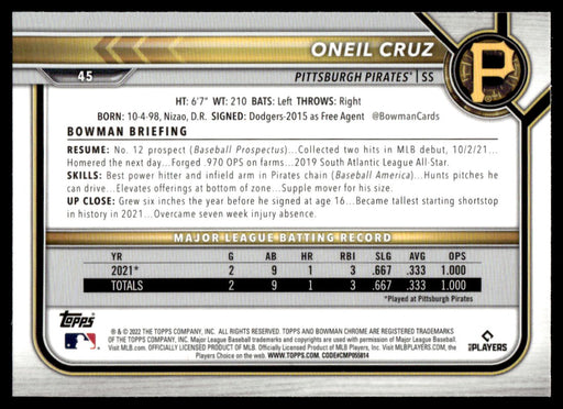 Oneil Cruz 2022 Bowman Chrome Base Back of Card