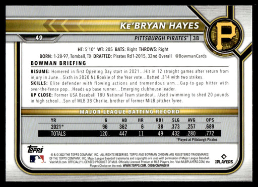 Ke'Bryan Hayes 2022 Bowman Chrome Base Back of Card