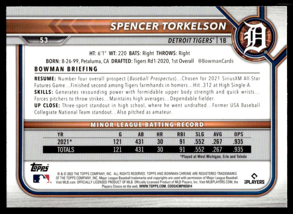 Spencer Torkelson 2022 Bowman Chrome Base Back of Card