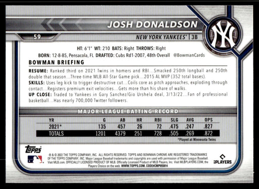 Josh Donaldson 2022 Bowman Chrome Base Back of Card