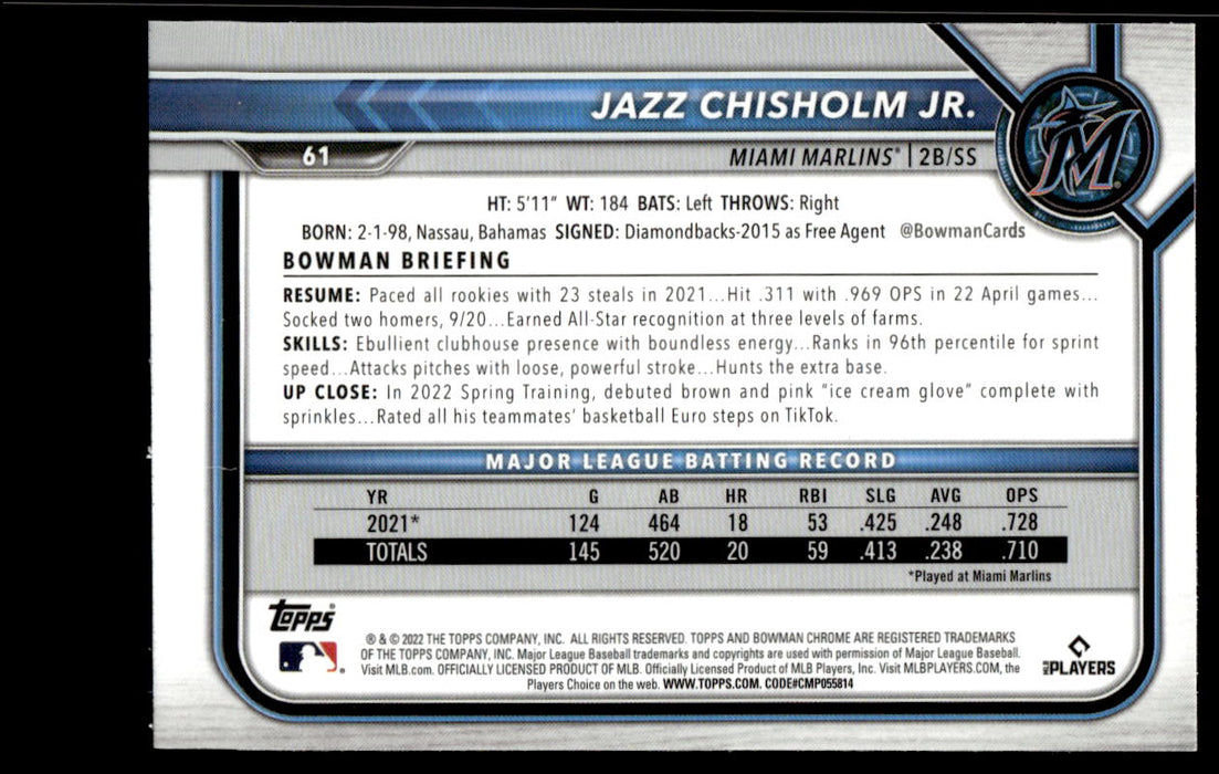 Jazz Chisholm Jr. 2022 Bowman Chrome Base Back of Card