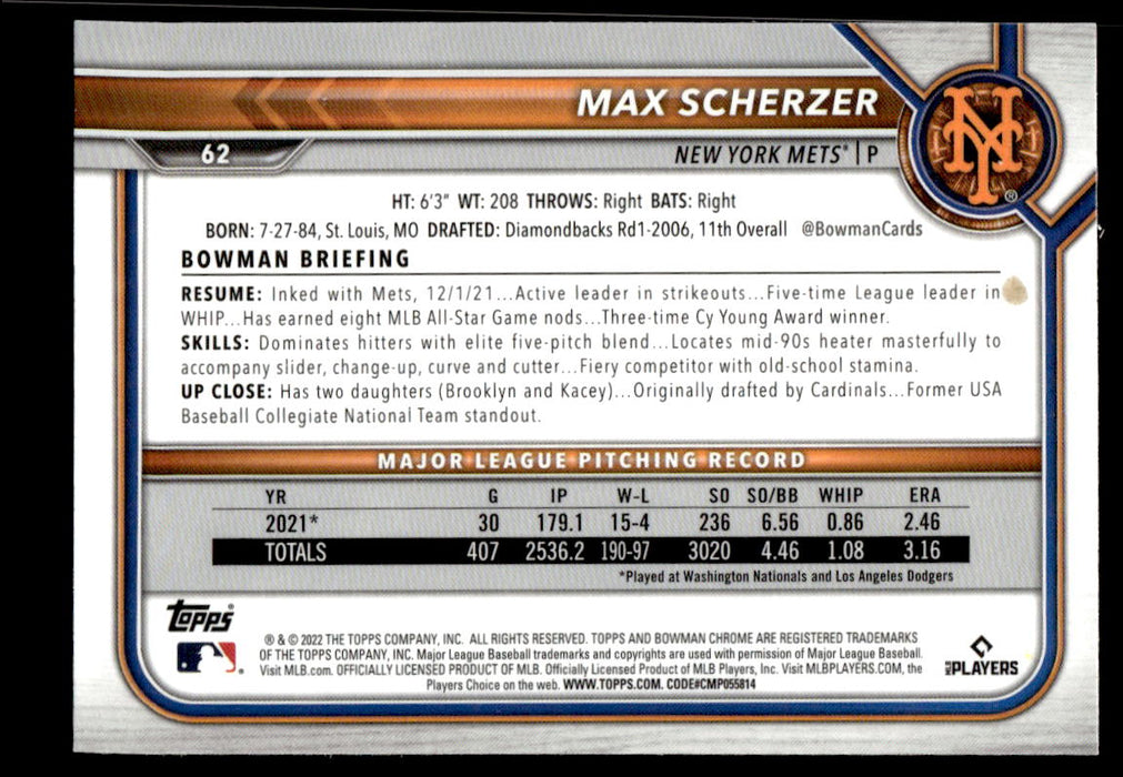 Max Scherzer 2022 Bowman Chrome Base Back of Card