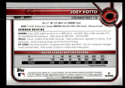 Joey Votto 2022 Bowman Chrome Base Back of Card