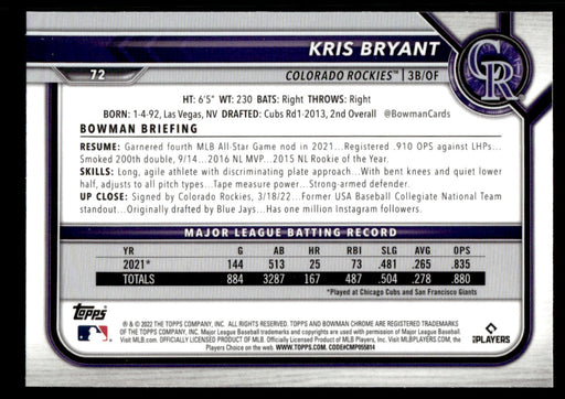 Kris Bryant 2022 Bowman Chrome Base Back of Card