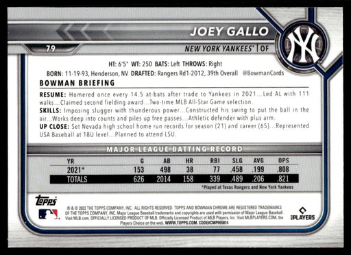 Joey Gallo 2022 Bowman Chrome Base Back of Card