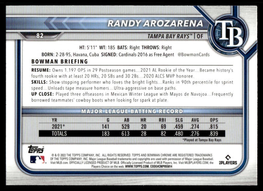 Randy Arozarena 2022 Bowman Chrome Base Back of Card