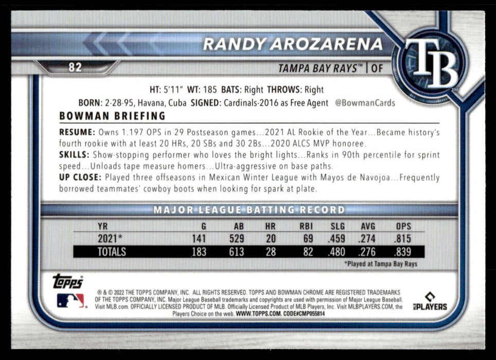 Randy Arozarena 2022 Bowman Chrome Base Back of Card