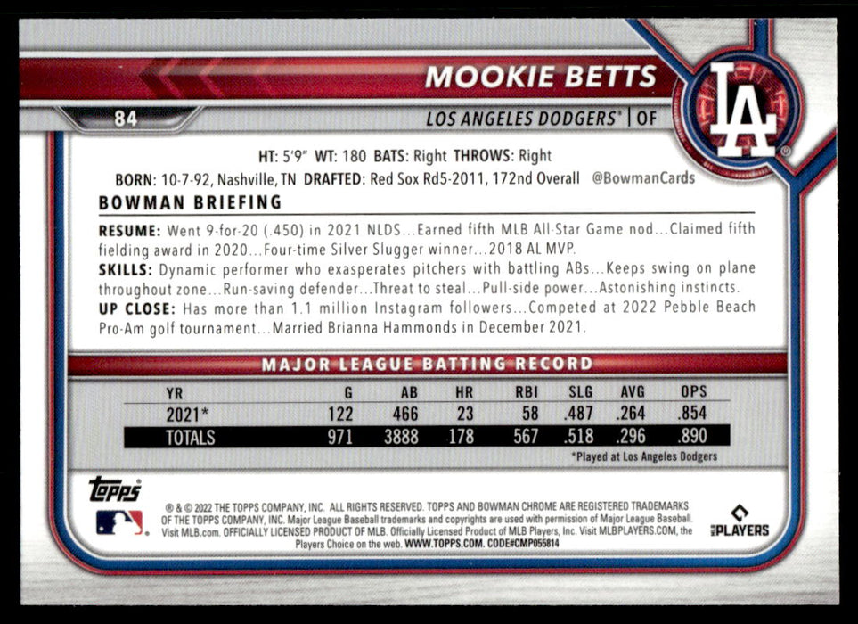 Mookie Betts 2022 Bowman Chrome Base Back of Card