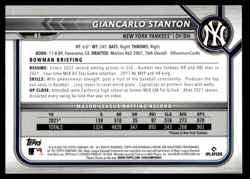 Giancarlo Stanton 2022 Bowman Chrome Base Back of Card