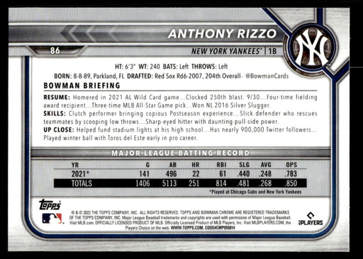 Anthony Rizzo 2022 Bowman Chrome Base Back of Card