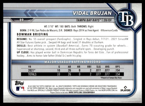 Vidal Brujan 2022 Bowman Chrome Base Back of Card