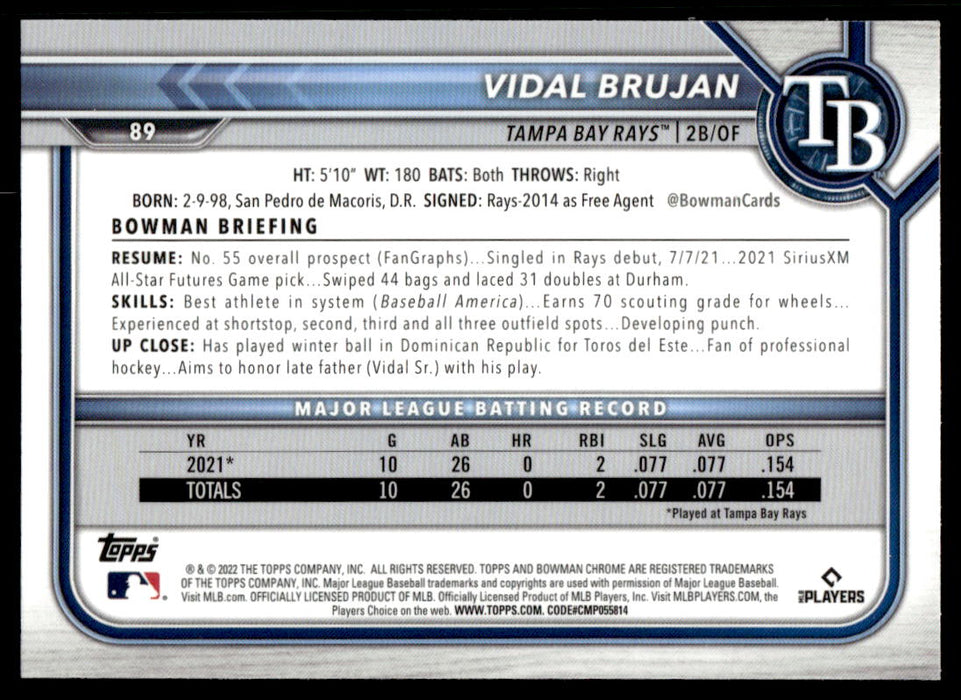 Vidal Brujan 2022 Bowman Chrome Base Back of Card