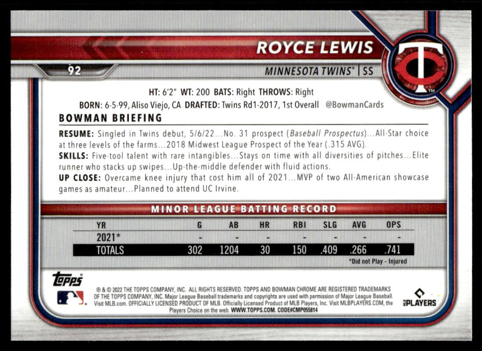 Royce Lewis 2022 Bowman Chrome Base Back of Card