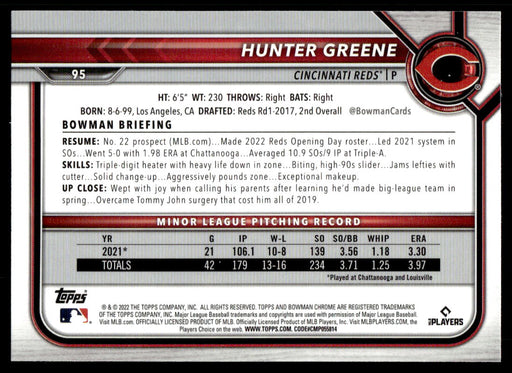 Hunter Greene 2022 Bowman Chrome Base Back of Card