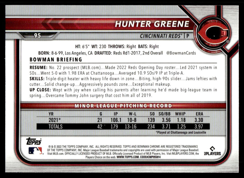 Hunter Greene 2022 Bowman Chrome Base Back of Card