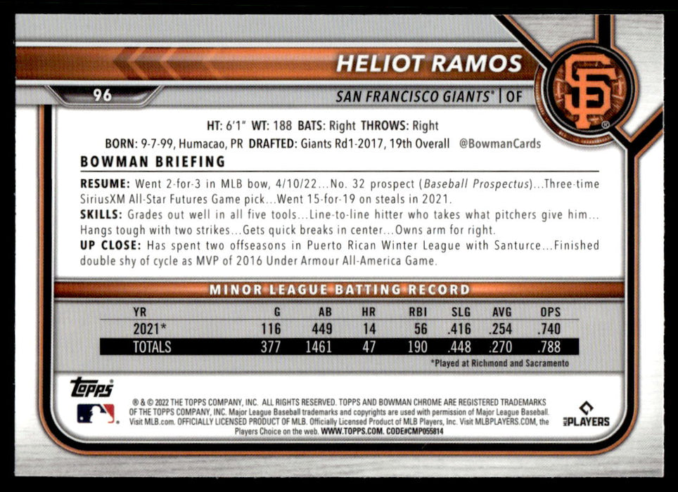 Heliot Ramos 2022 Bowman Chrome Base Back of Card