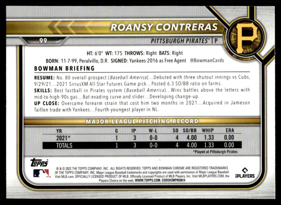 Roansy Contreras 2022 Bowman Chrome Base Back of Card