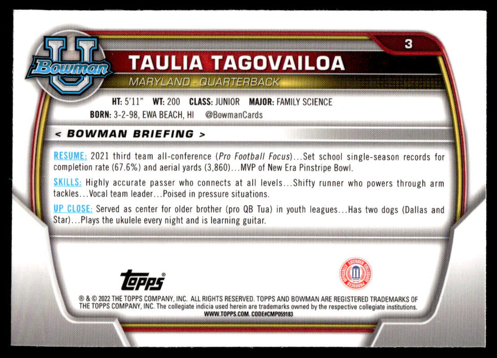 Taulia Tagovailoa 2022 Bowman U Football Base Back of Card