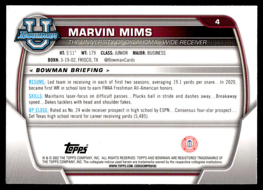 Marvin Mims 2022 Bowman U Football Base Back of Card