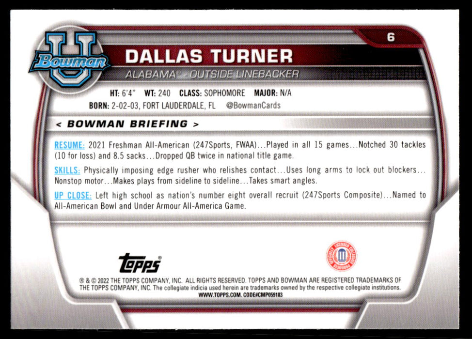 Dallas Turner 2022 Bowman U Football Base Back of Card