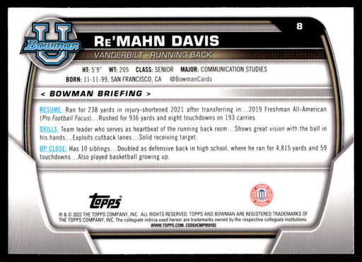 Re'Mahn Davis 2022 Bowman U Football Base Back of Card