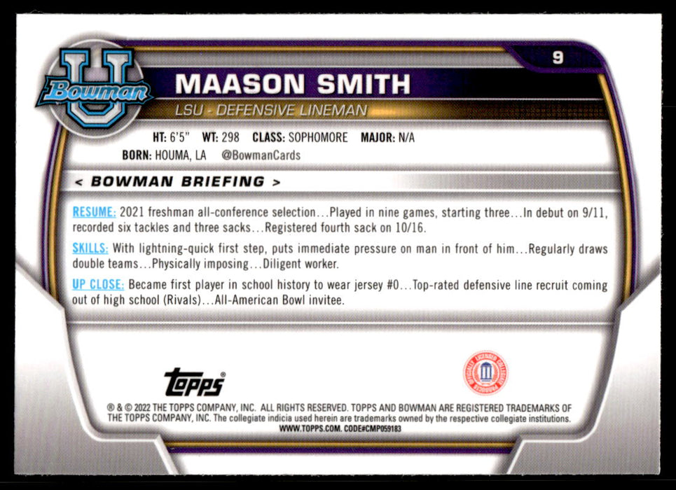 Maason Smith 2022 Bowman U Football Base Back of Card