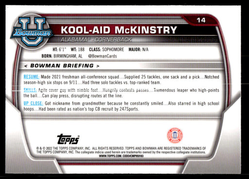 Kool-Aid McKinstry 2022 Bowman U Football Base Back of Card