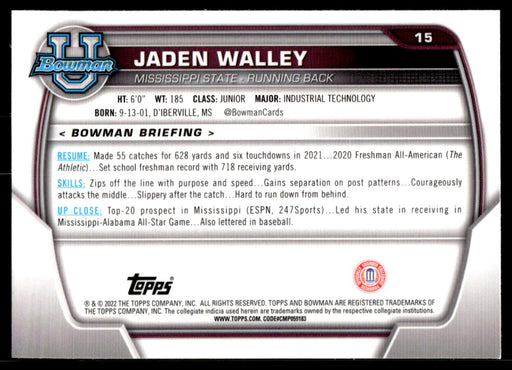 Jaden Walley 2022 Bowman U Football Base Back of Card