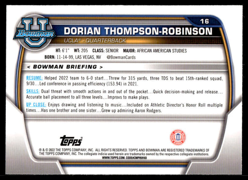 Dorian Thompson-Robinson 2022 Bowman U Football Base Back of Card