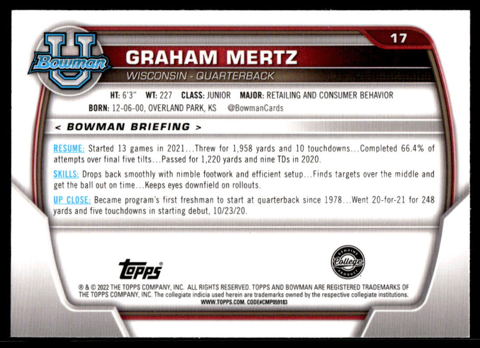 Graham Mertz 2022 Bowman U Football Base Back of Card