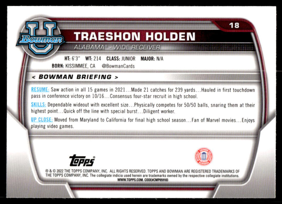 Traeshon Holden 2022 Bowman U Football Base Back of Card