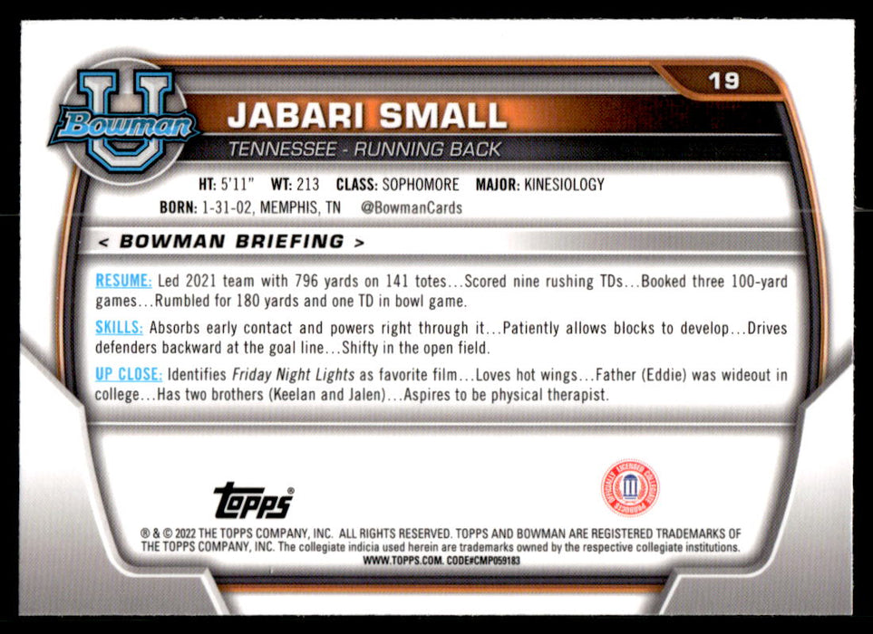 Jabari Small 2022 Bowman U Football Base Back of Card