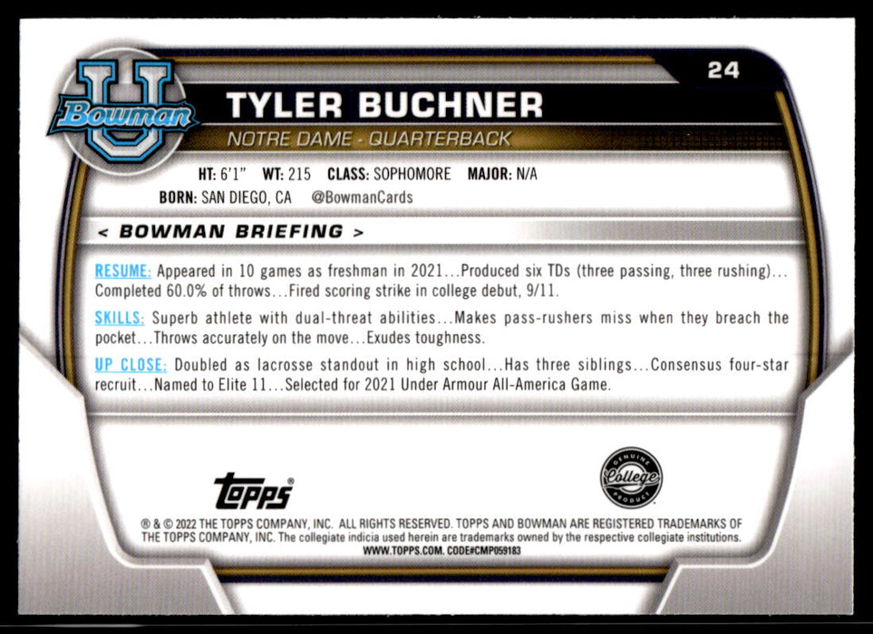 Tyler Buchner 2022 Bowman U Football Base Back of Card