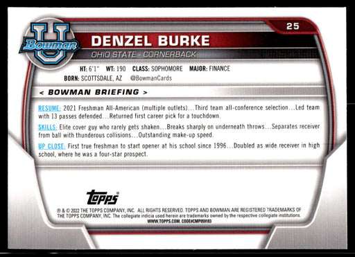 Denzel Burke 2022 Bowman U Football Base Back of Card