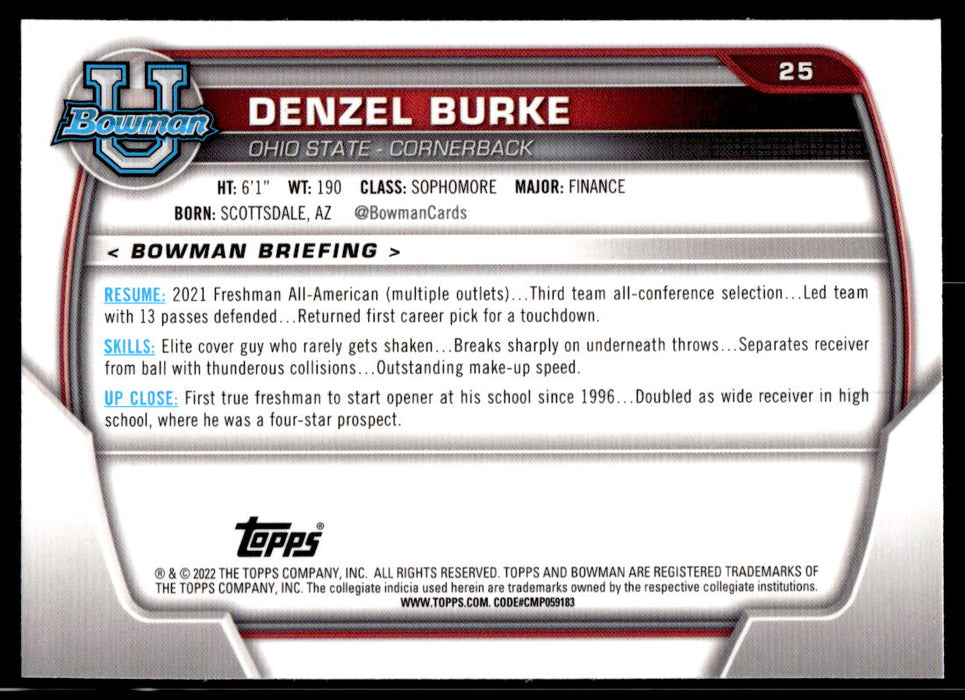 Denzel Burke 2022 Bowman U Football Base Back of Card