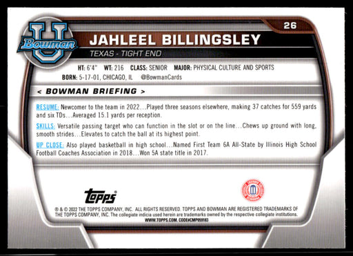 Jahleel Billingsley 2022 Bowman U Football Base Back of Card