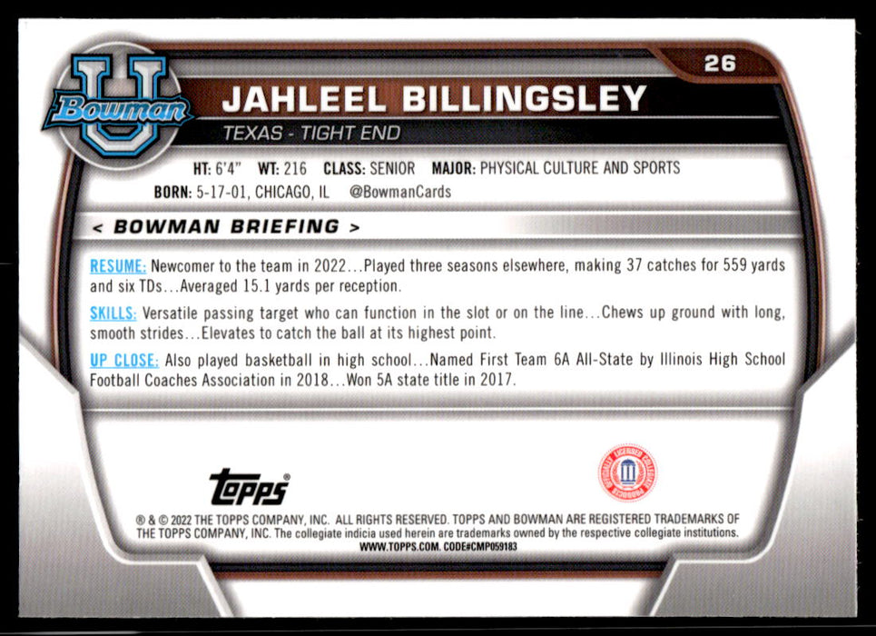 Jahleel Billingsley 2022 Bowman U Football Base Back of Card