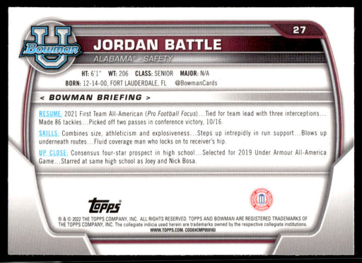 Jordan Battle 2022 Bowman U Football Base Back of Card