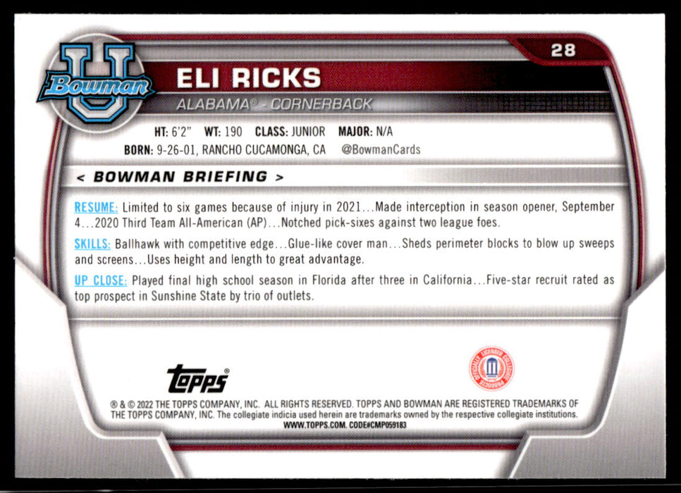 Eli Ricks 2022 Bowman U Football Base Back of Card