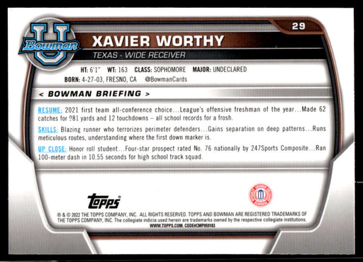 Xavier Worthy 2022 Bowman U Football Base Back of Card