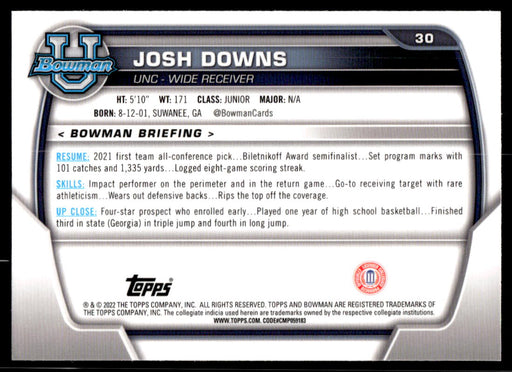 Josh Downs 2022 Bowman U Football Base Back of Card