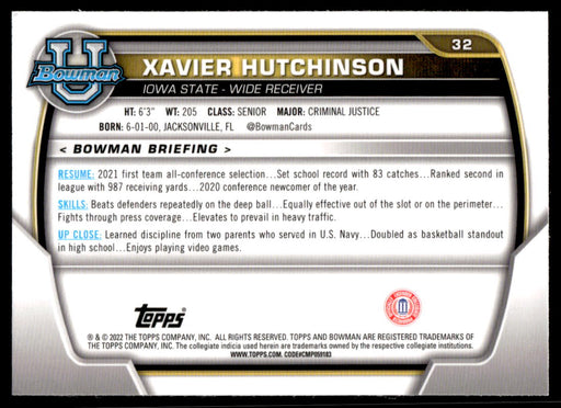 Xavier Hutchinson 2022 Bowman U Football Base Back of Card