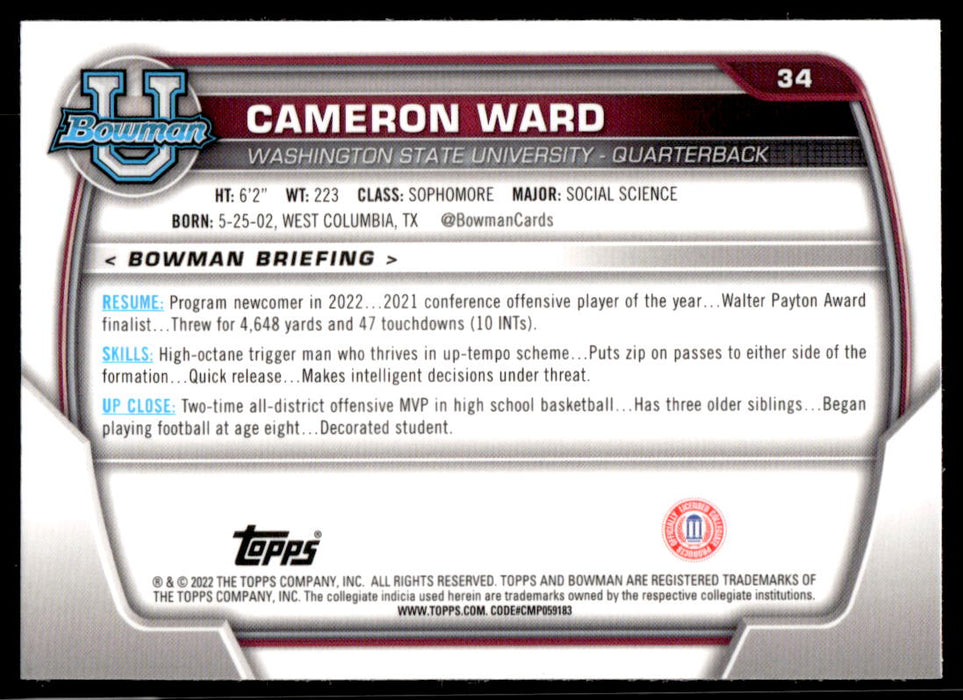 Cameron Ward 2022 Bowman U Football Base Back of Card