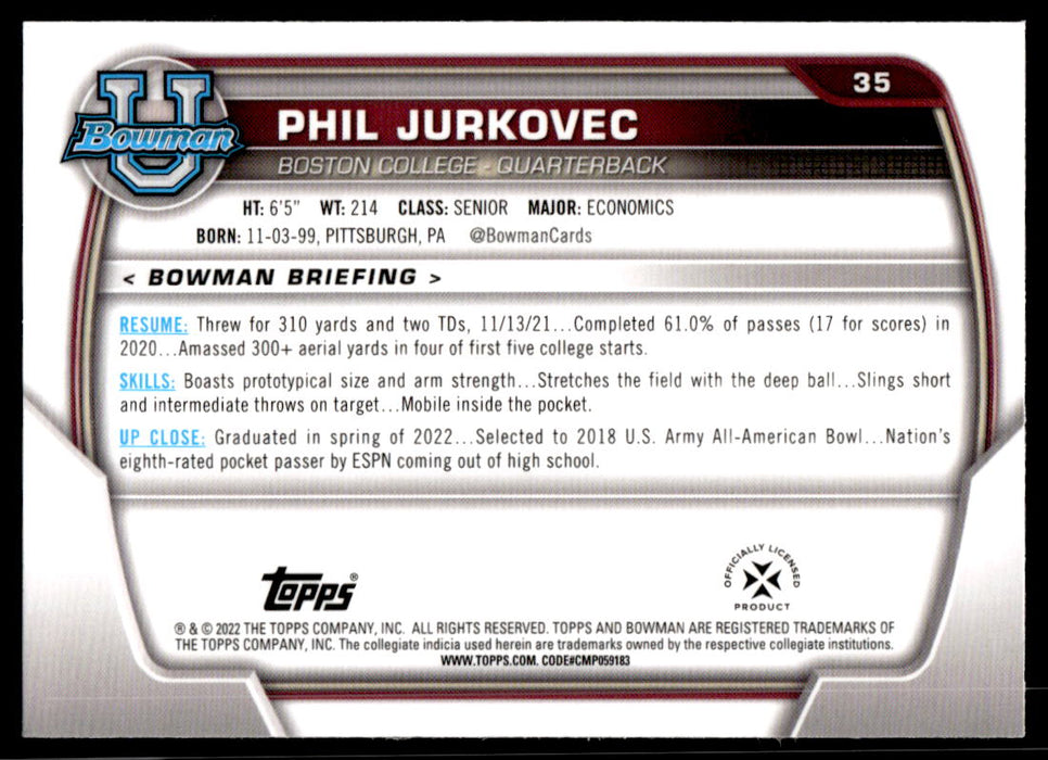 Phil Jurkovec 2022 Bowman U Football Base Back of Card