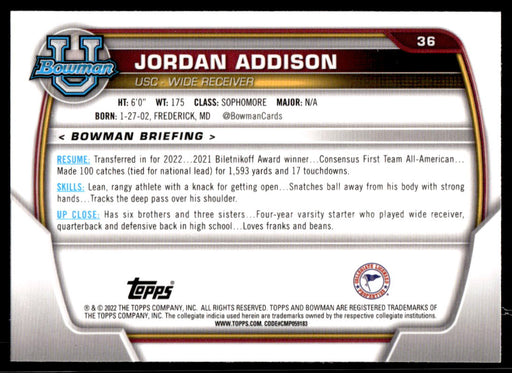 Jordan Addison 2022 Bowman U Football Base Back of Card