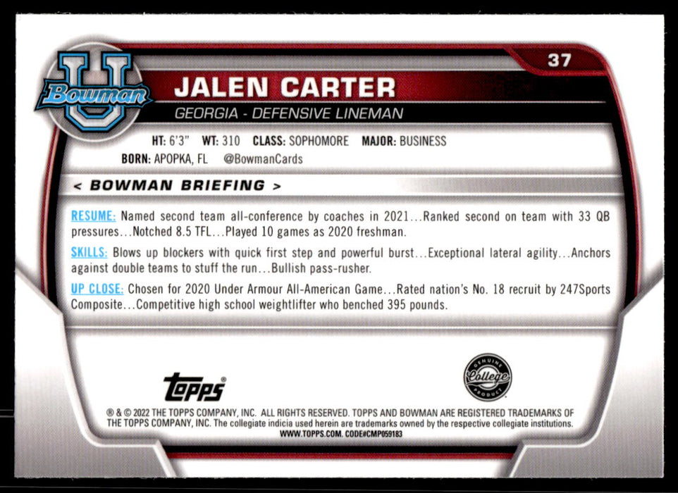 Jalen Carter 2022 Bowman U Football Base Back of Card