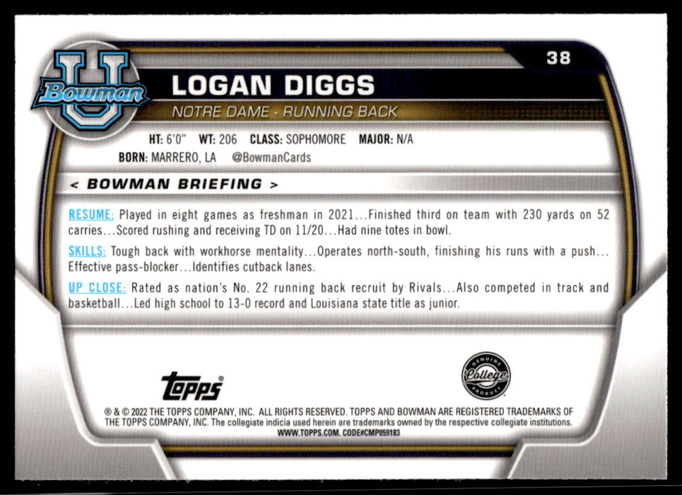 Logan Diggs 2022 Bowman U Football Base Back of Card