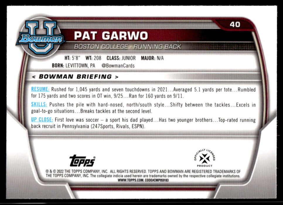 Pat Garwo 2022 Bowman U Football Base Back of Card