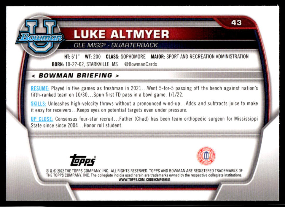 Luke Altmyer 2022 Bowman U Football Base Back of Card